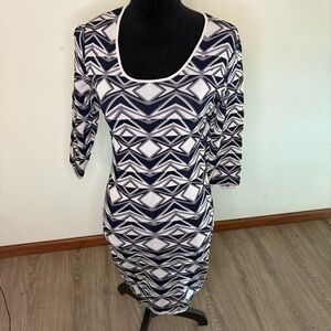 Y2K Diba Be Body-con Dress Size S Navy Geometric Print 3/4 Sleeves Above Knee​​​